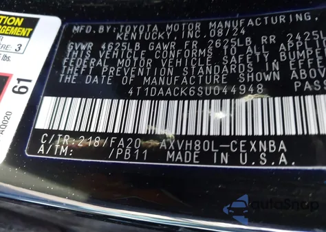 2025 Toyota Camry Le from USA, damaged, VIN 4T1DAACK6SU044948